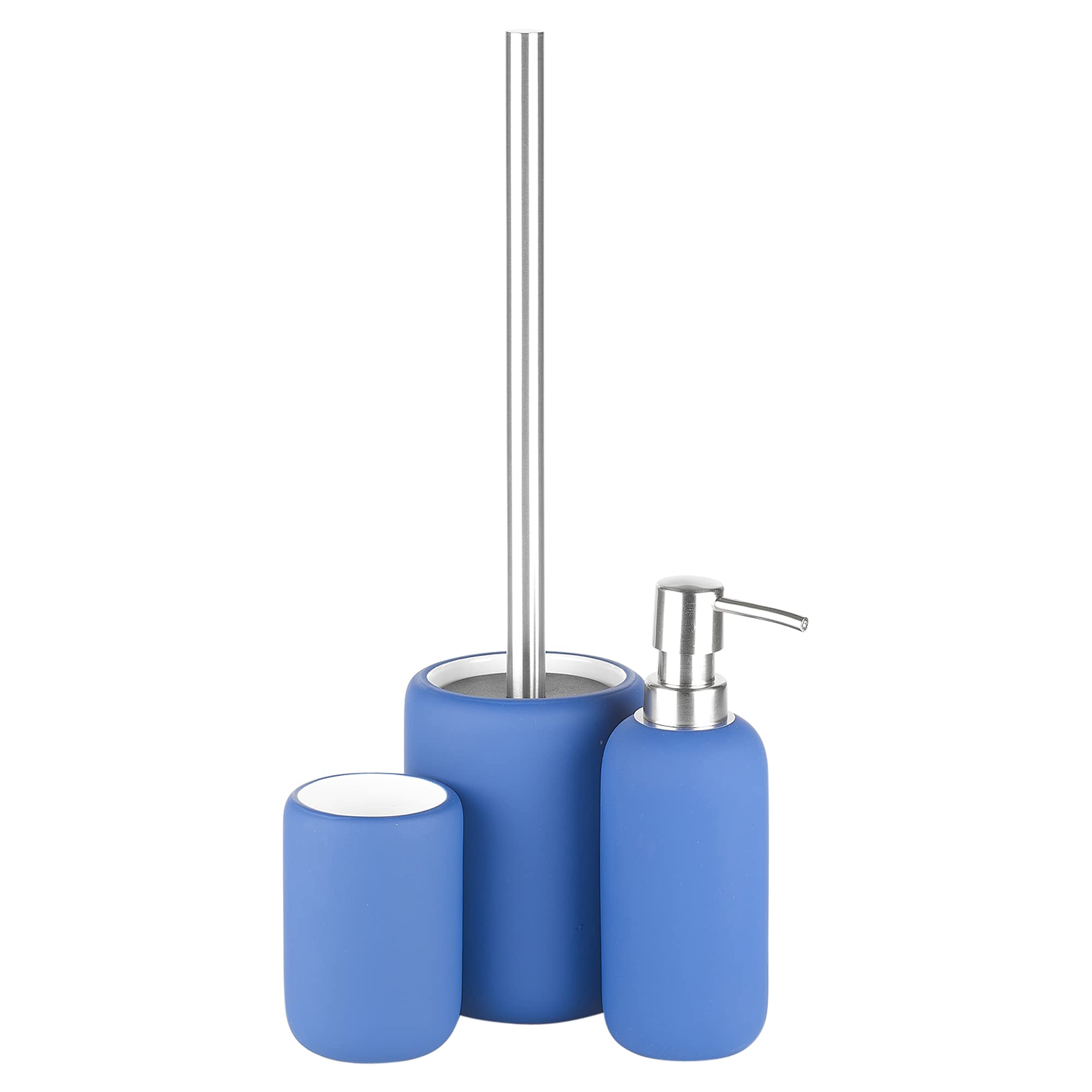 3pcs Ceramic Matt Colour Matching Bathroom Dispenser Tumbler Toilet Brush Set (Blue)