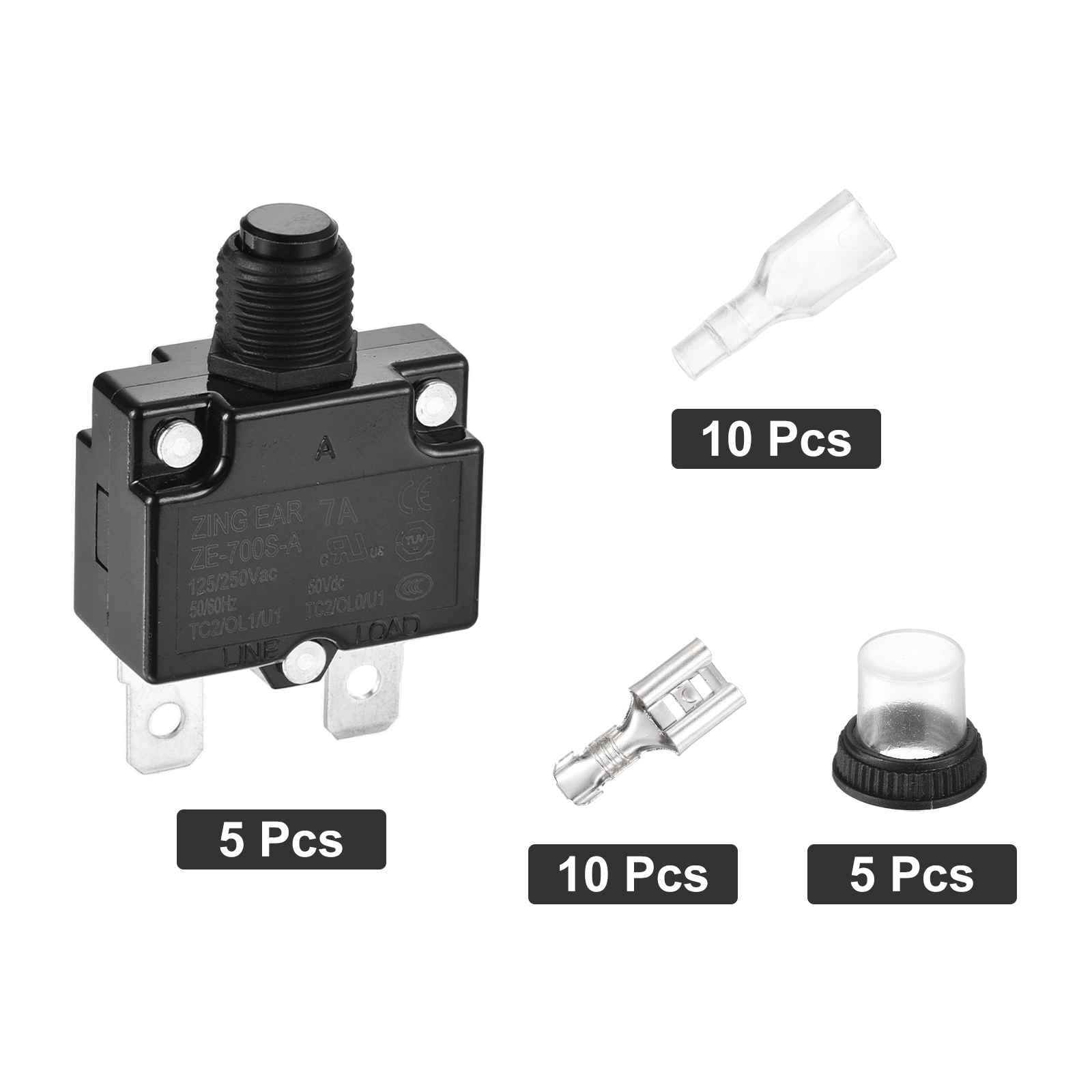 DMiotech 7A Thermal Circuit Breaker 125/250V AC 50V DC 1.8x1.1x0.6" Manual Reset Overload Protector with Quick Connect Terminal and Waterproof Cap for Overload Protection,5Pcs - Image 3