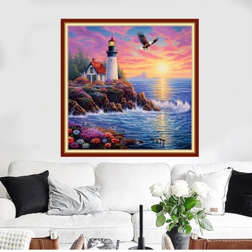 Image of Redxing Stamped Cross Stitch Kits Full Range of Embroidery Starter Kits- Needlepoint Counted Cross Stitch Kits for Beginner Adults 11CT Printed Embroidery Kit-Seaside Lighthouse 18x18 inch