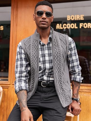 Runcati Mens Full Zip Sweater Vest Cable Knitted Cardigan Stand Collar Casual Sleeveless Sweaters3