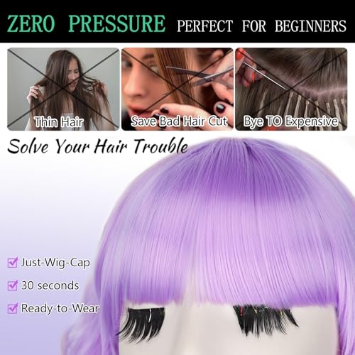 Image of AISI HAIR Light Purple Synthetic Wavy Curly Bob Wig with Bangs Short Wavy Hair for Women Synthetic Heat Resistant Bob Wigs