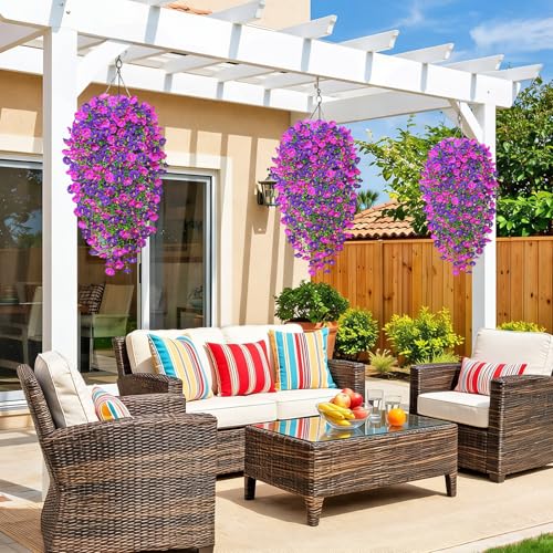 TOCHGREEN Artificial Fake Hanging Flowers Plants for Outdoor Decoration 4PCS Faux Silk Morning Glory Flowers UV Resistant Hanging Plants for Home Porch Patio Garden Decor (Purple F image 7