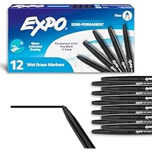 EXPO Wet Erase Markers, Semi-Permanent, Black, Fine Tip, 12 Count - For Writing on Glass, Whiteboards, Mirrors, Calendar, Labeling, Organizing