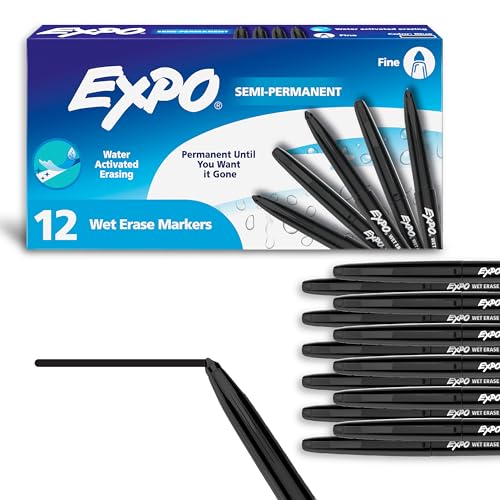 EXPO Wet Erase Markers, Semi-Permanent, Black, Fine Tip, 12 Count - For Writing on Glass, Whiteboards, Mirrors, Calendar, Labeling, Organizing