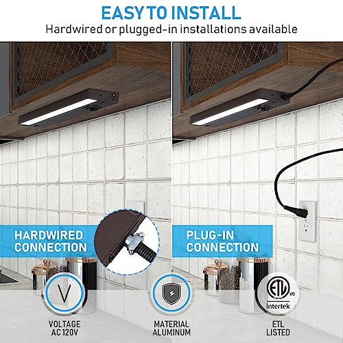 Image of TORCHSTAR 4-Pack 12 Inch 5CCT LED Under Cabinet Lighting Aluminum, Bronze | Linkable, ETL T24, Hardwired & Plug-in, 8W 600LM, CRI90, 120V Dimmable, For Kitchen Counter, 2700K /3000K /3500K /4000K /5000K