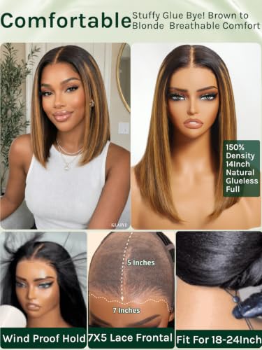 Image of KLAIYI Brown to Blonde Bob Straight Precut 7x5Lace Front Wig Human Hair 10 inch