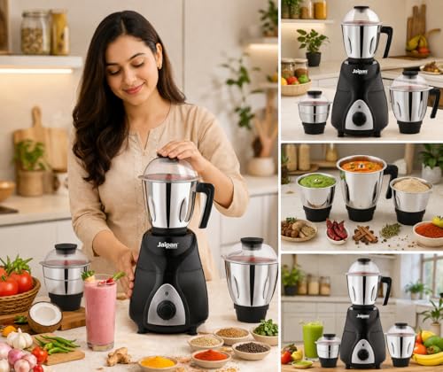 Image of Jaipan Black Beauty Mixer Grinder 900W with 3 Stainless Steel Jars | Heavy Duty Motor | 3 Speed Incher Control | Overload Protection | Durable ABS Body | Polycarbonate Lids | Sharp SS Blades | Black