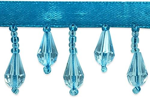Trims by The Yard Joanne Beaded Teardrop Fringe Trim, Decorative Fringe for Fashion, Costume, or Home Decor, Washable Fringes, 5-Yard Cut, Bright Turquoise