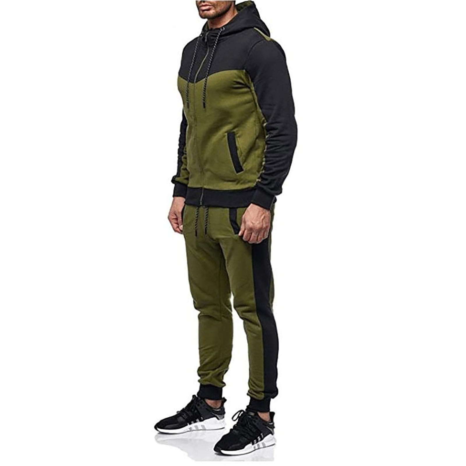 Męski dres treningowy, 2-częściowy, zapinana na zamek bluza z kapturem i joggery, zielono-czarna odzież sportowa dla mężczyzn, miękka bawełniana dres treningowy z kieszeniami, lekki, wygodny strój na