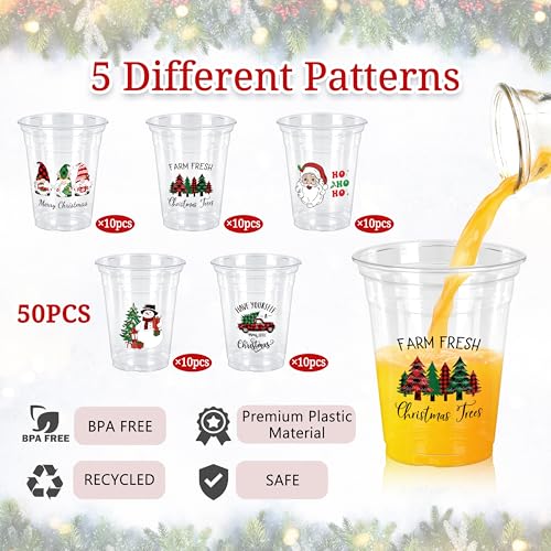Image of TREWAVE 50Pcs Christmas Cups Disposable 12 OZ Gnome Santa Snowman Truck Xmas Tree Clear Plastic Cups Set Coffee Juice Cold Beverage Drinking Cups for Holiday Christmas Party Supplies
