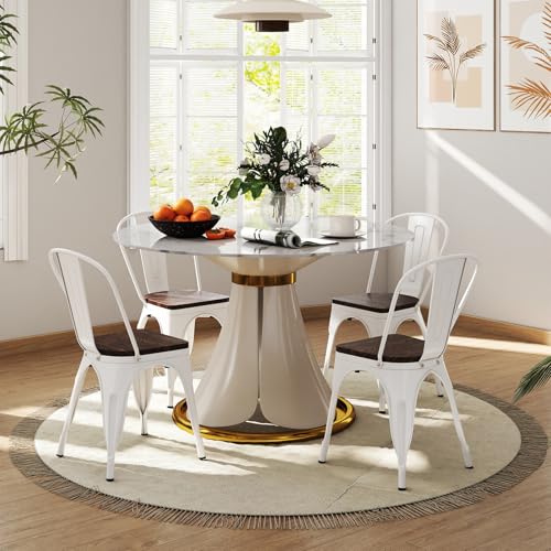 Image of COSTWAY Stackable Metal Dining Chairs Set of 4 with Wood Seat and High Back | White, Industrial Vintage Style, Elm Wood Seat Board, 18 Inch, for Dining Room, Kitchen, Bar, Cafe, Bistro, Restaurant