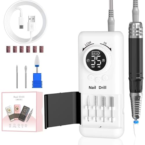 Professional Electric Nail Drill Machine, Rechargeable 35000 RPM Efile Portable Cordless Acrylic Nails Kit with Drill, Gel Grinder Manicure Pedicure Polish Tool E File for Home Salon, White