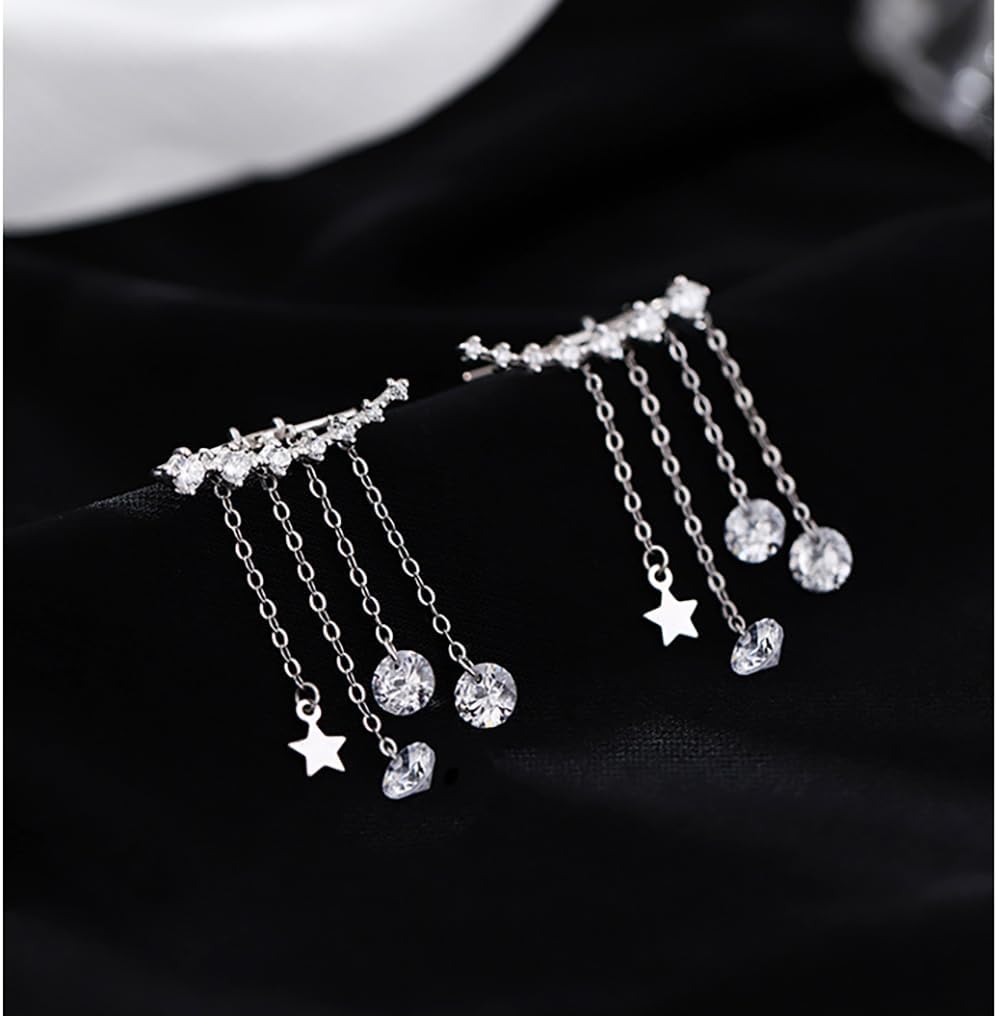 Reffeer Solid 925 Sterling Silver Crawler Earrings Tassel Chain Dangle for Women Teens 7 Crystal Cuff Earrings Climber