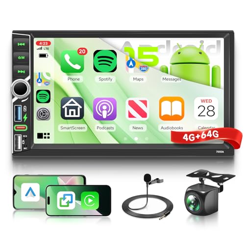 Hodozzy 4G+64G Android Autoradio 2 Din avec Carplay sans Fil Android Auto, Ecran Tactile 7 Pouces Android Poste Radio avec GPS Navigation Wi-FI DSP Bluetooth Mirror Link SWC FM/RDS USB/Type-C+ Caméra