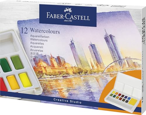 FABER-CASTELL 169712 - Aquarellfarben Set, 12 Farbnäpfchen, inkl. Mischpalette und Wassertankpinsel, für Einstiegs- und Hobbykünstler