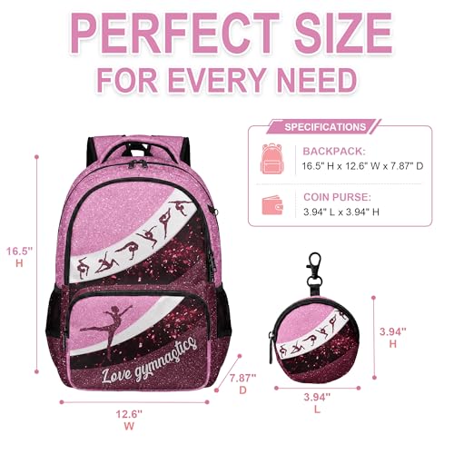 ZZRIUP Gymnastics Backpack for Girls, Cute Gymnastics Backpack with Coin Purse & Key Chain for School Travel (Pink) by ZZRIUP - Used condition - Image 5