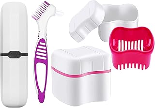 Denture Bath Cases with Denture Cleaner Brushes Denture Cups Denture Boxes Bath Dentures Container with Basket Denture Holder Denture Brush Retainer Case for Travel Retainer Cleaning (Pink)