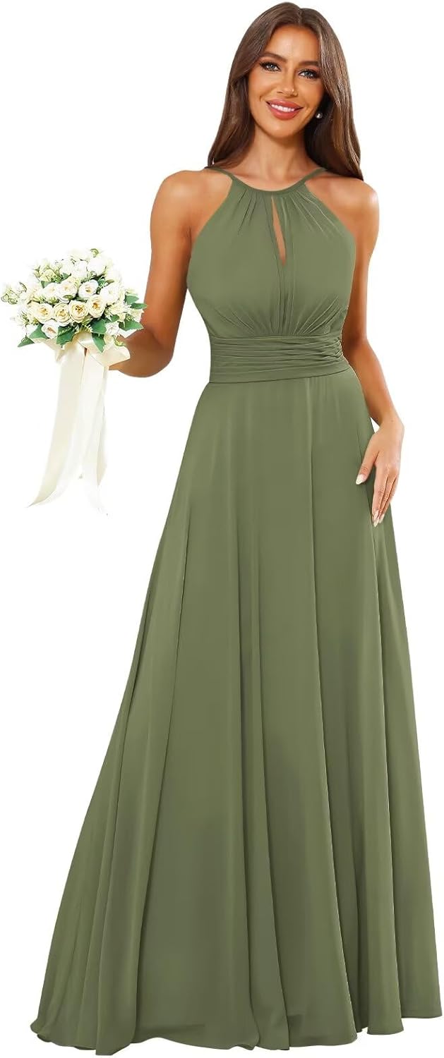 SoDigne Halter Pleated Long Bridesmaid Dresses for Women A Line Chiffon Corset Wedding Guest Gown