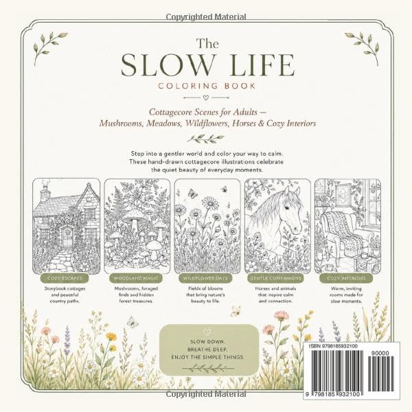 The Slow Life Coloring Book: Cottagecore Scenes for Adults - Mushrooms, Meadows, Wildflowers, Horses & Cozy Interiors image 3