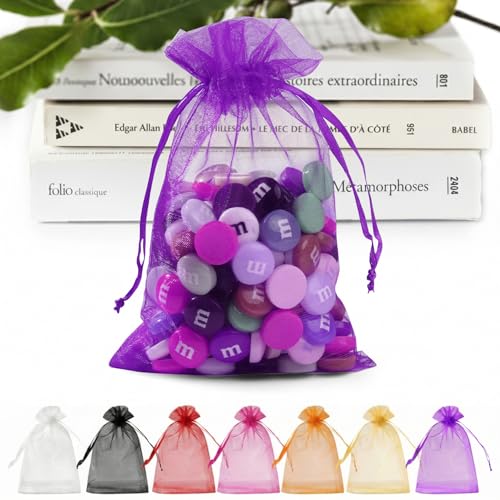 Image of ANZNKU 50Pcs Purple Organza Bags 5x7 Inch, Small Mesh Gift Bag for Jewelry Candy Sachet Craft, Small Mesh Bags with Drawstring for Party Wedding Favor & Easter