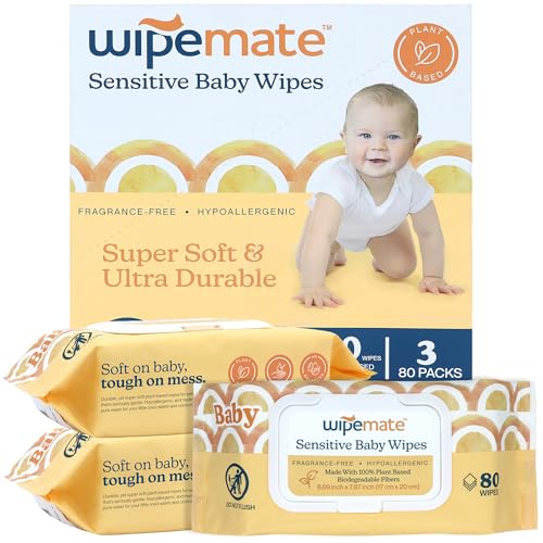 Wipemate EWG-Verified Premium Baby Wipes, 99% Water-Based, Plastic-Free, Ultra-Soft Plant-Based Wipe, Chlorine/Alcohol-Free, pH-Balanced, Hypoallergenic Cruelty-Free with Durable Flip-Top Lid 240-Ct