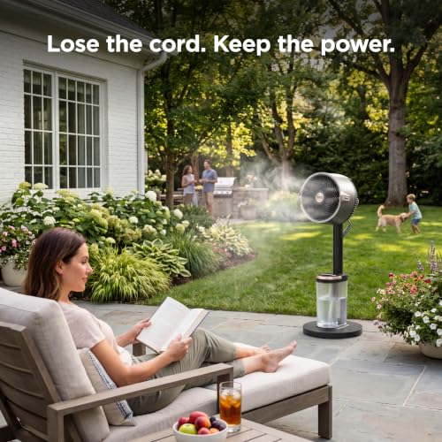 Image of Shark FlexBreeze Pro Mist 2-in-1 Fan with Integrated Mist, Charcoal, FA302 | Corded /Cordless, Pedestal to Tabletop, up to 24-Hr Battery, up to 70 Ft of Power, 5 Speeds, with Integrated Misting Tank