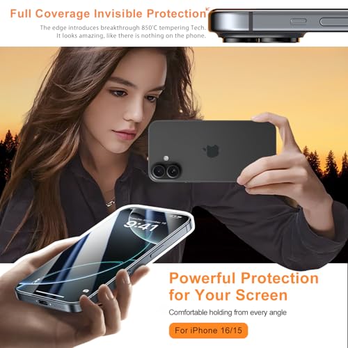 Image of 2 Pack for iPhone 16 / iPhone 15 Screen Protector, [9H Hardness] Tempered-Glass Screen Protector with Auto-Alignment Kit, HD Clear, Scratch Resistant
