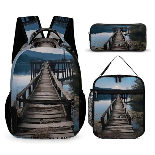 Wooden Trestle by The Water Backpack Set 3 Piece, Durable Backpack Insulated Lunch Bag Portable Pencil Case for Men Women