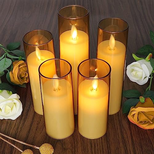 Image of LTETTES Acrylic Fiber Glass LED Pillar Candle Set of 3 | Flameless with Flickering Wick | 2 AA Battery Powered with Remote | Perfect for Home Decor & Gifting | H 5.5'', 6.5'', 7.5'' D 2.3'' | Gold