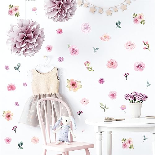 4 hojas 60 piezas stickers de flores rosa acuarela para pared