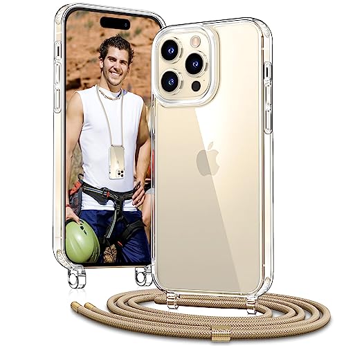 Vaykwo Handykette mit Band für Apple iPhone 14 Pro Max Hülle - Necklace Handyhülle - Transparente Case zum Umhängen mit Kameraschutz und Bildschirmschutz - Golden