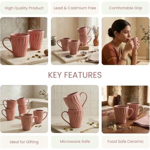 Image of The Earth Store Pink Artisan Wave Coffee Mug - 340ML Ceramic Coffee Mugs Set of 2 | Microwave & Dishwasher Safe Mugs for Gift | Home | Office | Restaurant | Daily Use Tea Mug