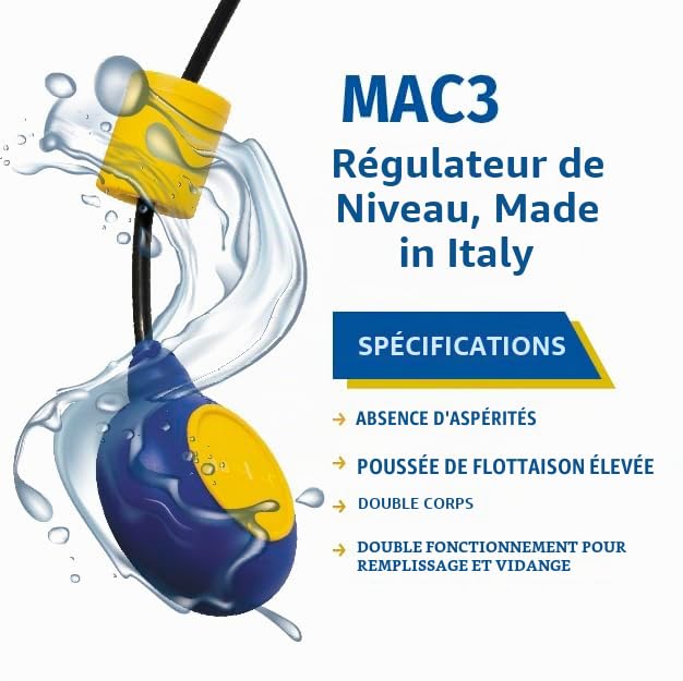 Interrupteur à Flotteur MAC3 pour Pompe Submersible – Flotteur électrique 10 m, Régulateur de Niveau d’Eau pour réservoirs, puits, citernes – Fabriqué en Italie
