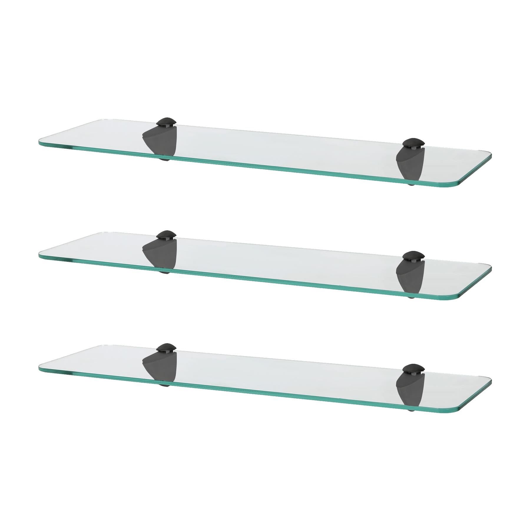 Harbour Housewares Rounded Floating Glass Bathroom Shelves - 50cm - Clear/Black - 3x Wall-Mounted Kitchen Bedroom Shower Room Décor Caddy Towel Storage Organiser Shelving Rack with Brackets