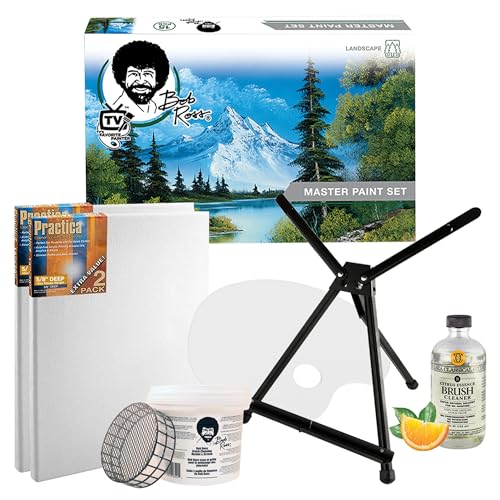 Bob Ross Master Paint Set Artist Bundle 6 Items with Travel Easel, Pre Stretched Painting Canvas,...