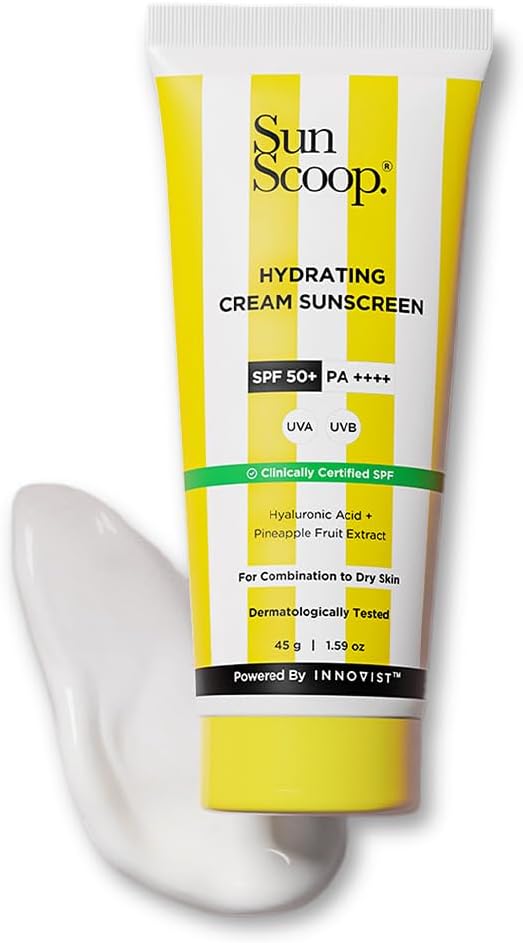 Sunscoop Hydrating Sunscreen | SPF 50+, PA++++ | Mineral Oil & Petroleum Free | Hydrating | Non-Comedogenic | No white cast | 45g