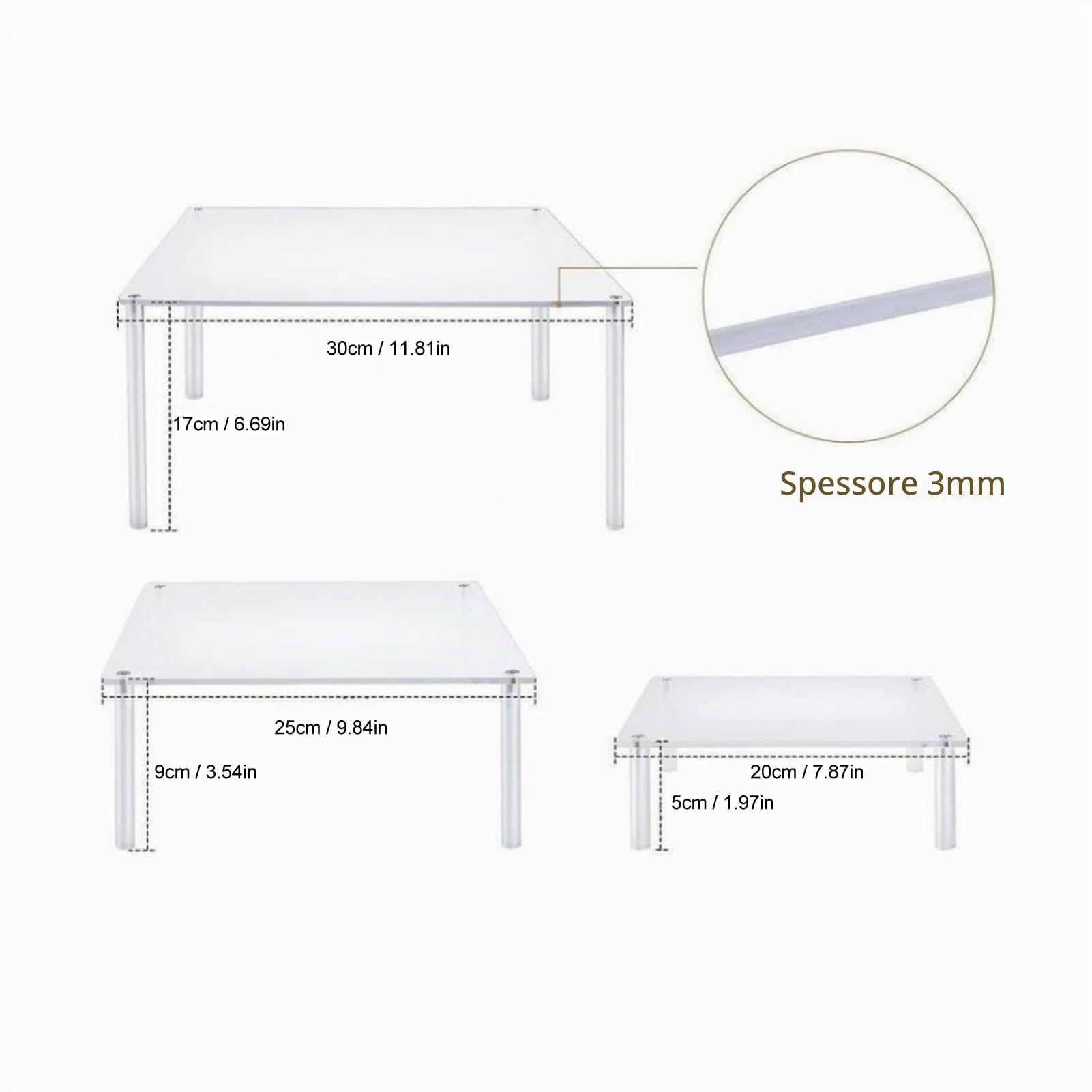Tyenaza 3 Pezzi Espositore Acrilico Trasparente per Display,Alzate di Display Acrilico 3 Gradini per Catering e Buffet e Negozi, Alzata per Torta Quadrata in Acrilico Alzata per Cupcake