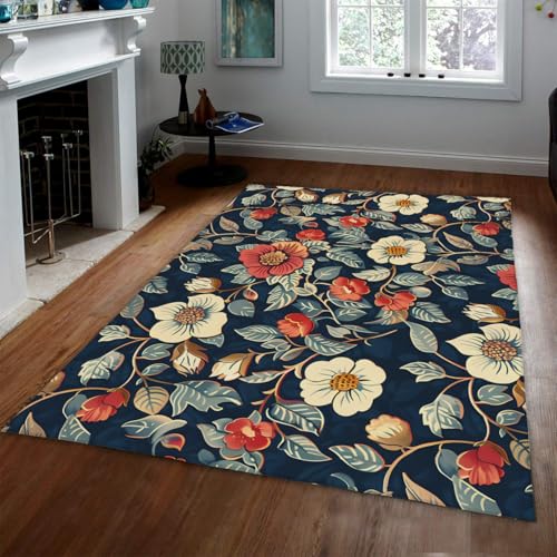 Carpette bleue vintage 60x90cm aux finitions botaniques