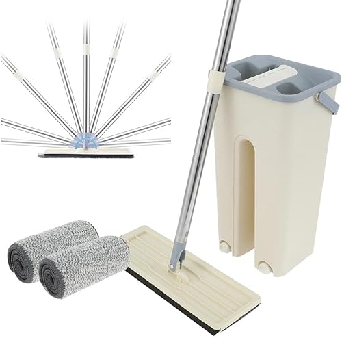 JCAKES Trapeador y cubo, trapeador de microfibra, trapeador plano, juego de mopa y cubeta, mopa de piso de madera, trapeador plano con mango de