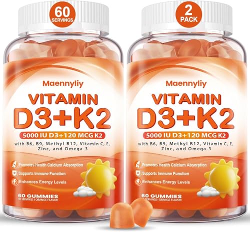 Vitamin D3 K2 Gummies for Adults - Vitamin D3 5000IU + K2 (MK-7) 120mcg - Sugar-Free D3 and K2...