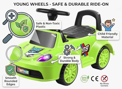 Image of Kids Ride On Green Car for Toddlers with Steering Wheel & Backrest | Foot to Floor Baby Push Car | Indoor Outdoor | Strong Wheels & Comfortable Seat | Racing Design for Boys & Girls (1-3 Years)