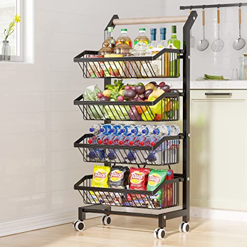 COVAODQ Snack Cart with Wheels 4-Tier Adjustable Fruit Rack Fruit Vegetable Basket Cart Metal Wire...