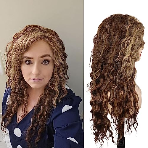 Image of GNIMEGIL Long Wavy Wigs for Women Brown Mixed Blonde Ombre Curly Wig with Loose Part Wave Fluffy Hairline Natural Looking Hair for Daily Party Halloween Costume Fashion Style Synthetic Wigs