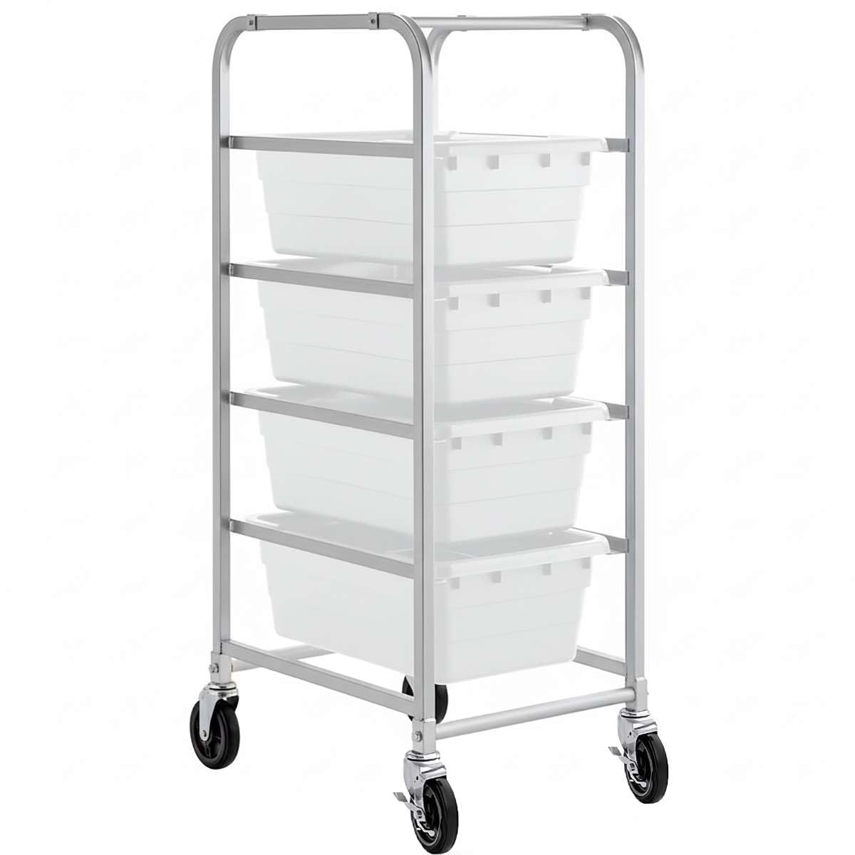 19"x26"x53" Mobile Aluminum Lug Rack with 4 White Tote Boxes – NSF Heavy-Duty Commercial Storage Cart with 5" Swivel Casters, Portable Food Prep &