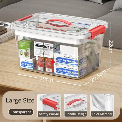 Image of HoopVool Plastic Medicine Storage Box Organizer, Family Emergency Kit Portable Lockable Container for, Art Craft and Household Organizer (Transparent, Large)