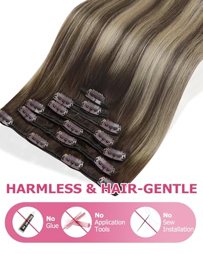 Image of YoungSee Clip in Human Hair Extensions Brown Balayage Clip in Extensions Real Human Hair Chocolate Brown with Ash Blonde Clip on Human Hair Extension for Short Straight Hair 12Inch 85G 7Pcs