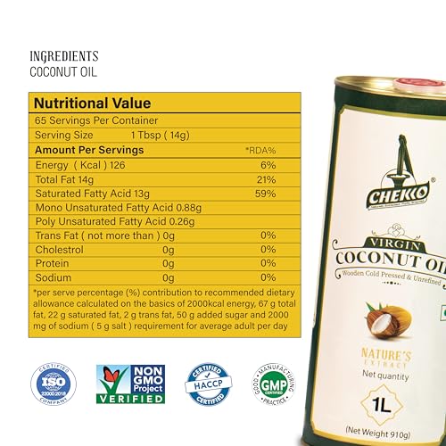 Image of Chekko Virgin Coconut Oil 5 Litre | Cold Pressed, Extra Virgin & Wood Pressed | 100% Pure Edible Coconut Oil for Cooking, Hair & Skin | Natural Unrefined Bulk Pack | Premium Food-Grade Metal Tin Pack