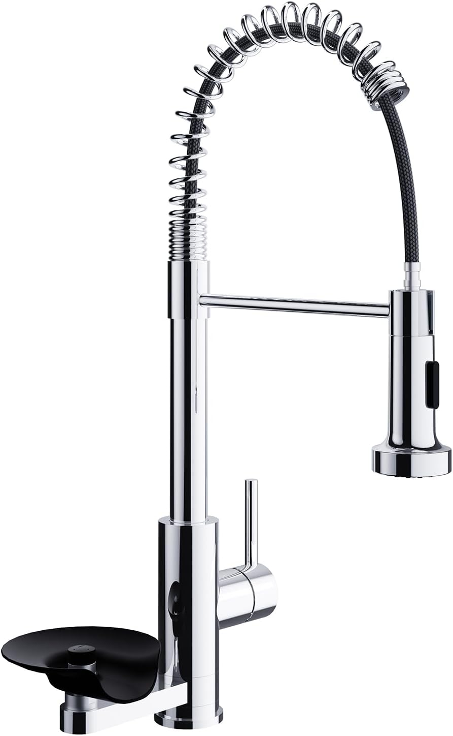 Kitchen Sink Pull Down Faucet with Cup Washer Single Handle Commercial Industrial Pull Out Spring Faucets with Glass Rinser fit 1 or 3 Hole for Farmhouse Camper Laundry Utility RV Wet Bar Brushed Gold