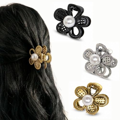 Image of Radhu & Kabby Metal Flower Pearl Hair Claw Clip Pack | Black, Silver & Gold Mini Floral Claw Clips for Women | Strong Grip Stylish Vintage Pearl Center Hair Accessories | Pack of 3
