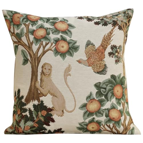 Medieval Lion and Pheasant Forest White Tapestry Pillow Cover 19 x 19 in